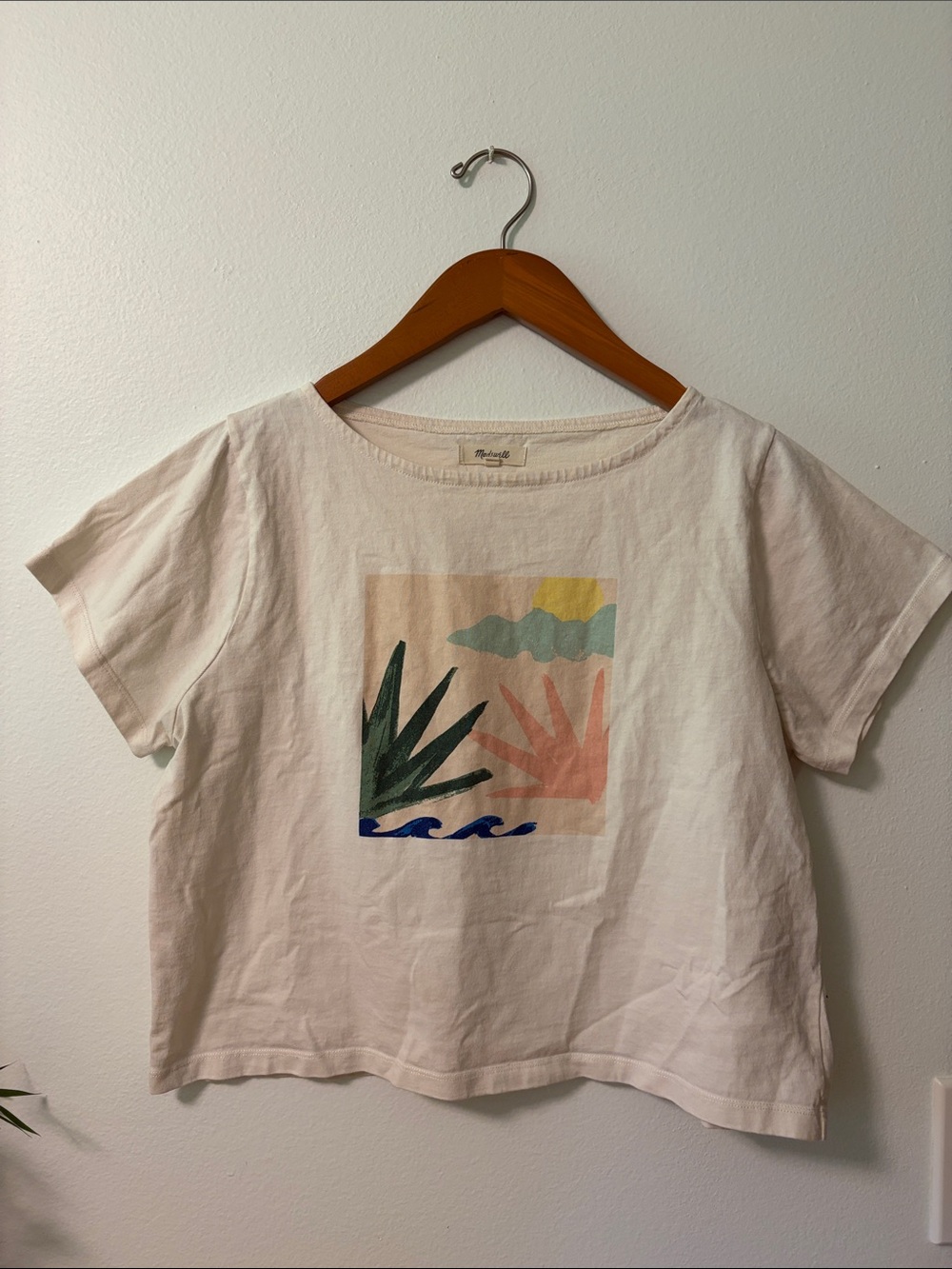 Madewell Cream Short Sleeve Crop Tee with Abstract Coastal Print